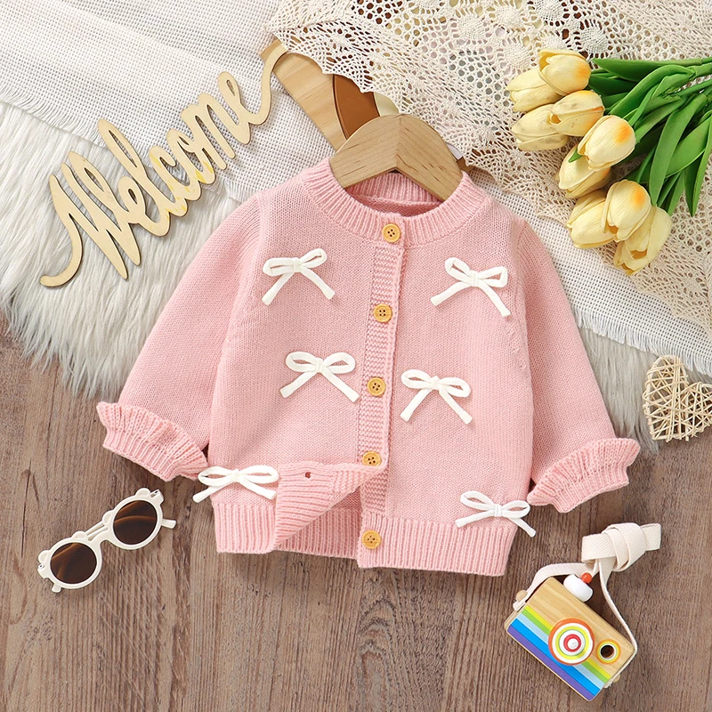 

Baby Sweaters Knit Infant Girl Cardigan Long Sleeve Autumn Newborn Children Clothing Cute 3D Bows Tops Fashion Ruffles Outerwear