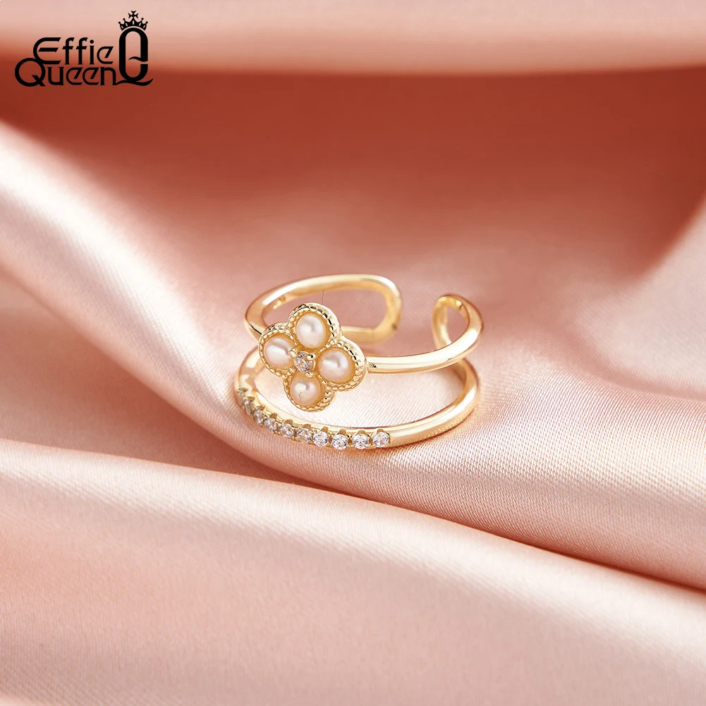 Effie Queen 14K Gold 2.5-3mm Natural Freashwater Oval Pearl 925 Sterling Silver Open Ring With AAA Cubic Zirconia Present GPR22