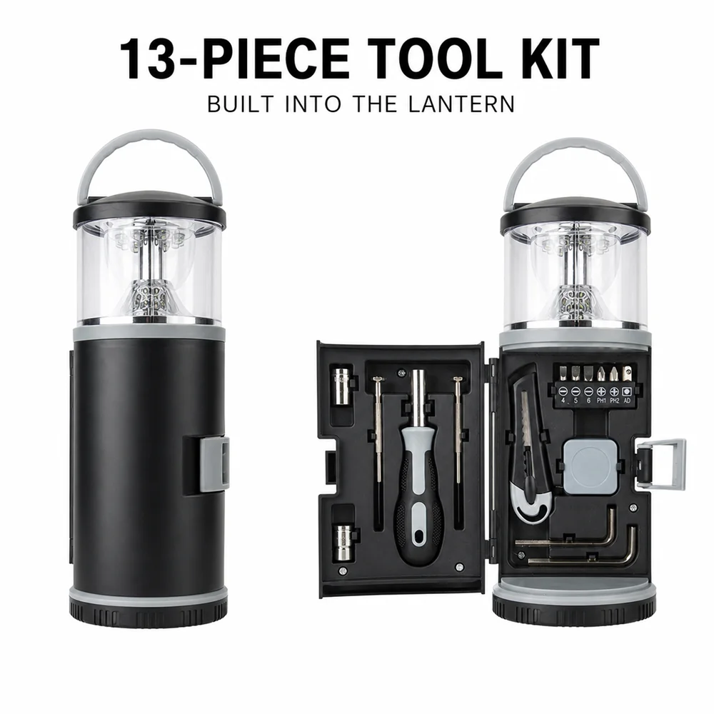 Portable LED Camping Lantern with Built-In 13-Piece Tool Set, White Light and Red Warning Mode for Car Home Outdoor Emergency RV