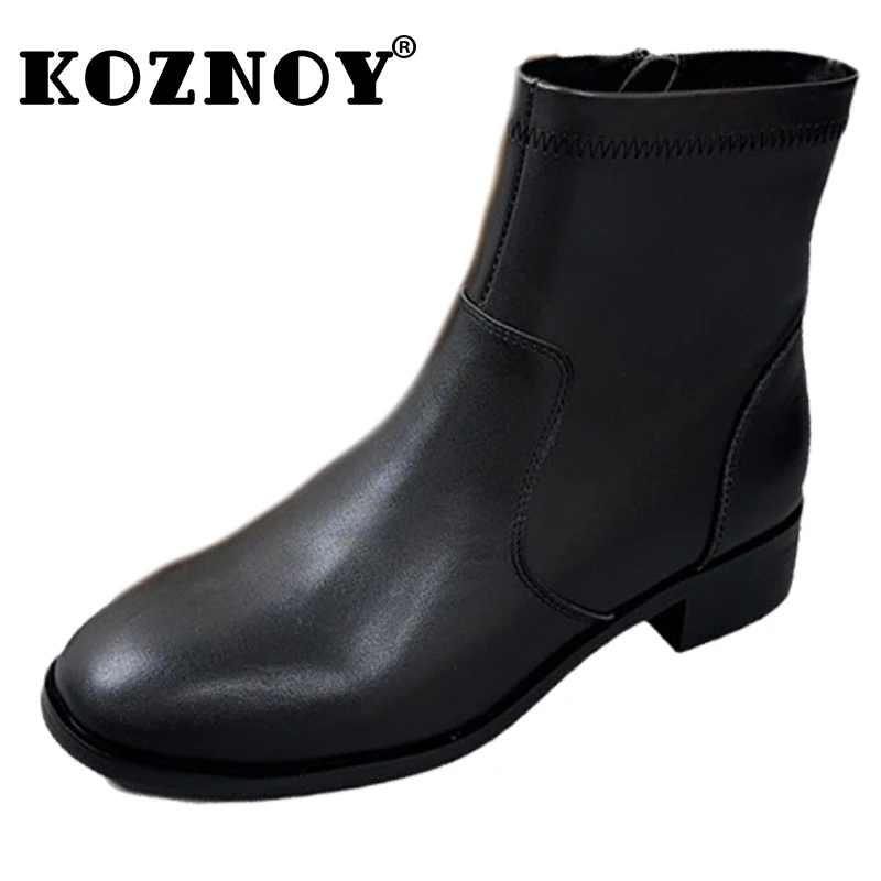 Koznoy 3cm Natural Cow Genuine Leather Chimney Chunky Heels Autumn Zip Women Rubber Women Boots Retro Ankle Booties Spring Shoes