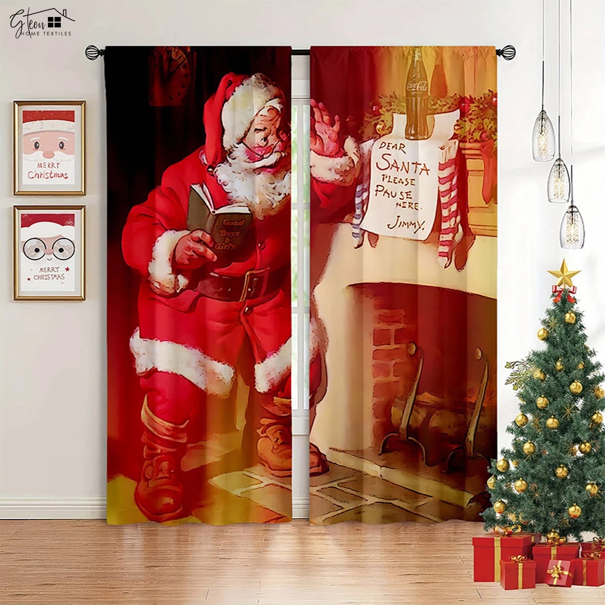 Christmas Decoration Curtains Christmas Tree Santa Claus Christmas Hat Gift Living Room Children's Room New Year Holiday Curtain