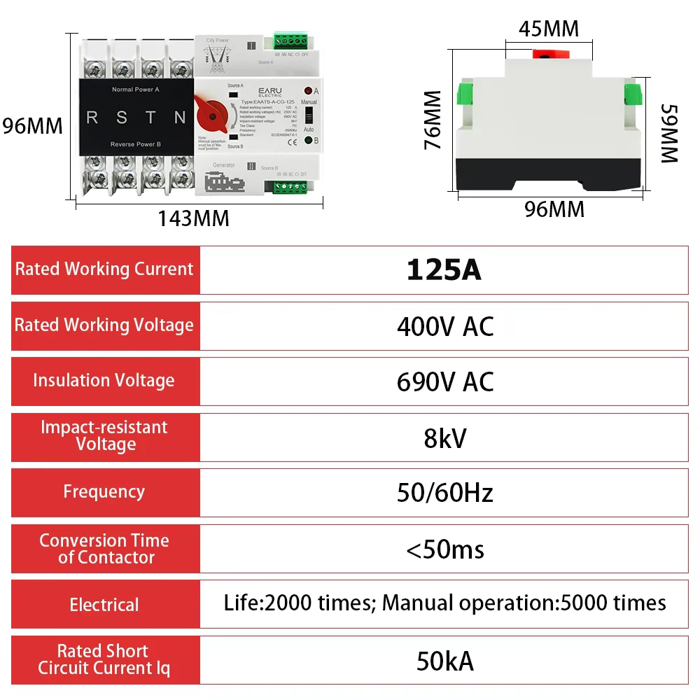 3Phase 4 Phase 125A AC 380V Din Rail ATS Dual Power Automatic Transfer Switch Electrical Selector Switches Uninterrupted Power