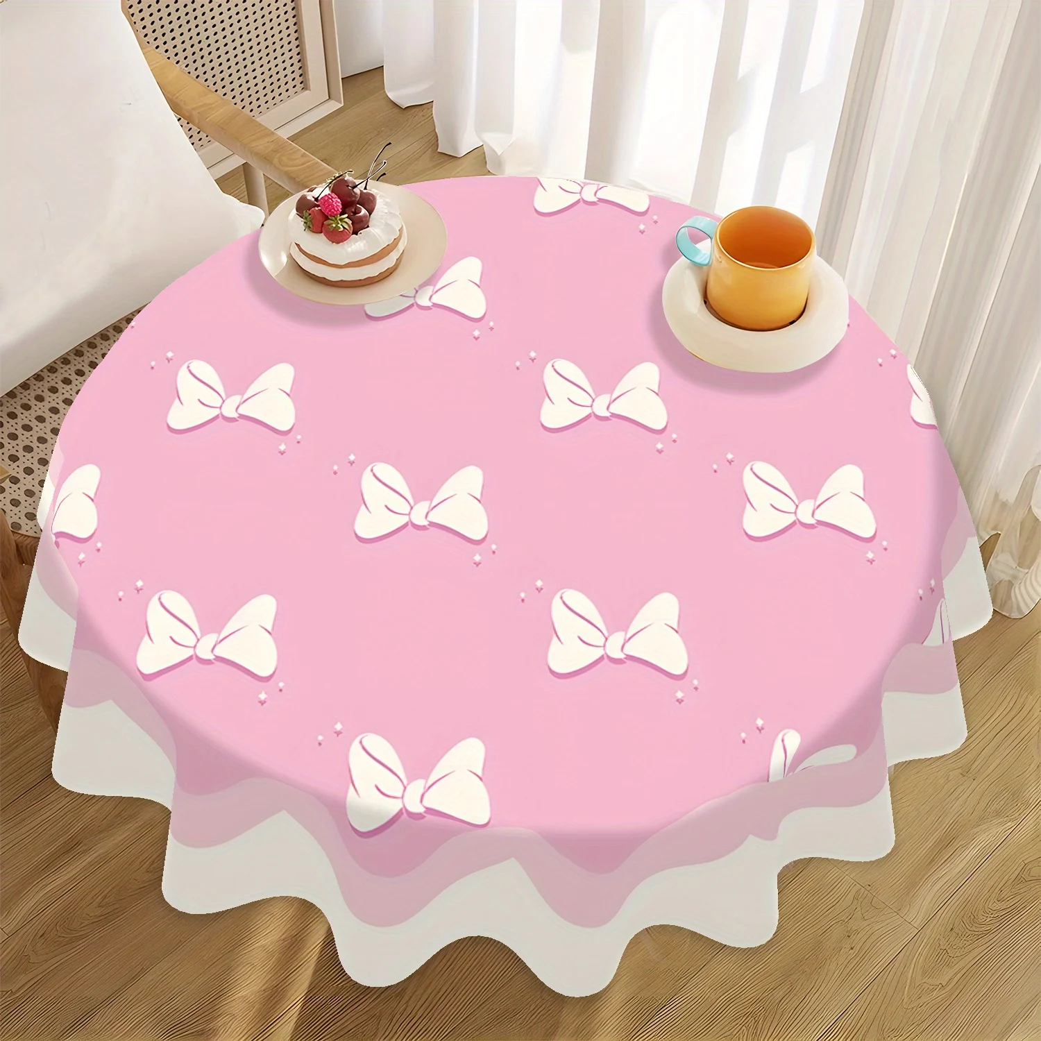1pc Round Tablecloth Compatible for Round Tables - Elegant Bow Pattern Table Cover, 60Inch Diameter Round Table Decor