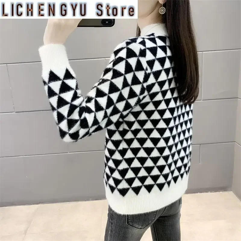 الخريف والشتاء المرأة مفصلية Argyle نصف الياقة العالية كم طويل الصوف البلوزات لاعبا بلوزات الموضة غير رسمية