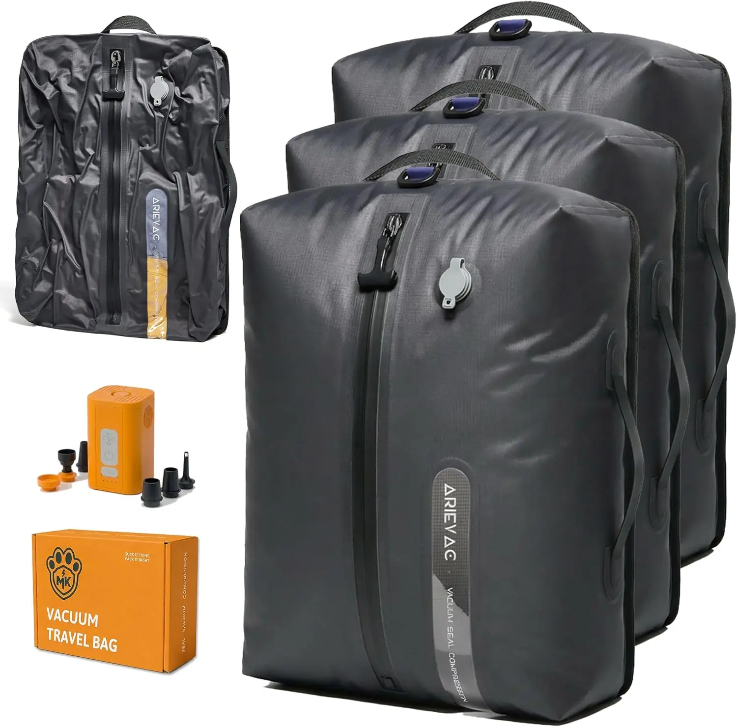 

Vacuum Seal Bags for Travel with Rechargeable Pump, 18L Compression Packing Cubes, Reusable IP67 Waterproof Storage Kit (3-Pack)