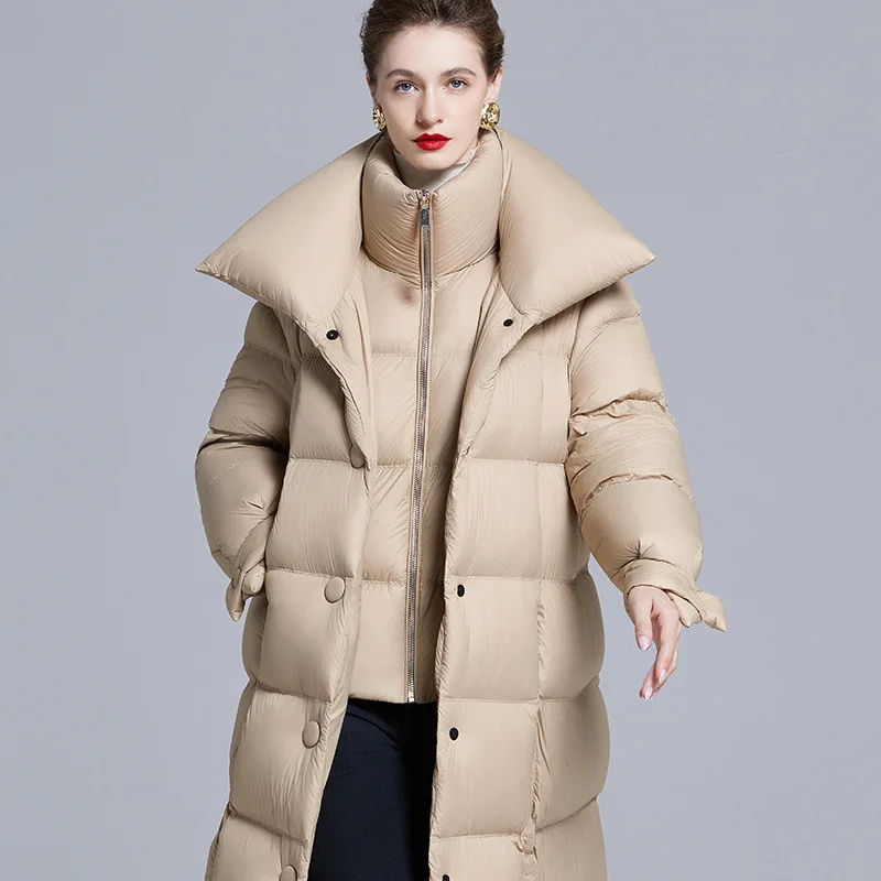 新しいヨーロッパスタイルの膝上丈レディースダウンジャケット、厚手カジュアルルーズホワイトダックダウンアウターコート