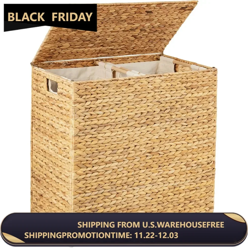 Large Double Laundry Hamper with Lid, Natural Handwoven Water Hyacinth, 2 Sections w/ 2 Machine Washable Linen Liner Bags