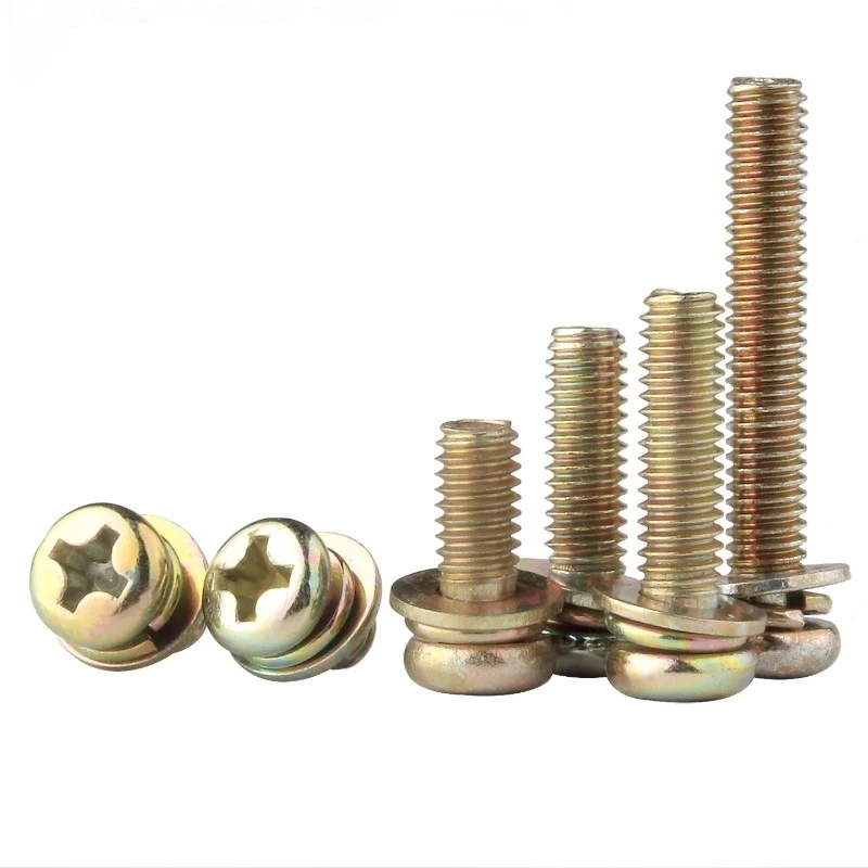 الكربون الصلب اللون المجلفن فيليبس الصليب جولة رئيس شقة الربيع غسالة ثلاثة مزيج مسامير M3 M4 M5 M6 M8 #4