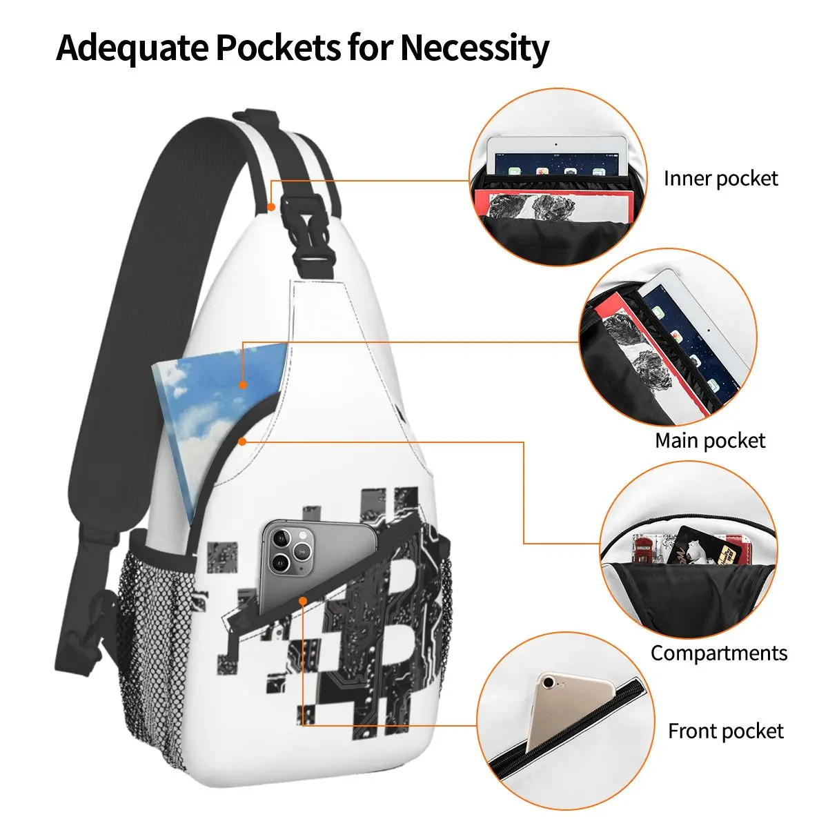 Bitcoin BLOCKCHAIN Crossbody Sling Bag Printed Chest Bag CIRCUIT BOARD Shoulder Backpack Daypack Hiking Outdoor Camping Satchel