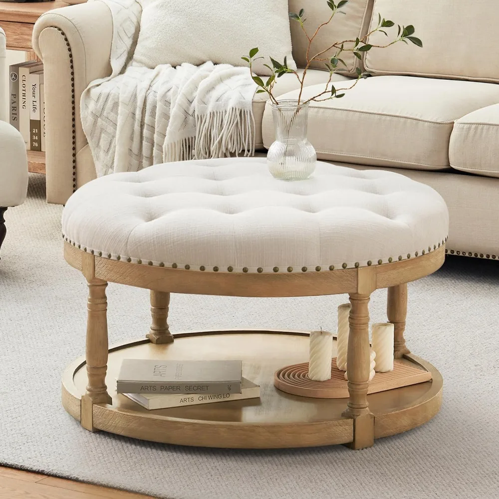 

33" Large Round Ottoman Coffee Table with Storage, Upholstered Button Tufted Linen Footrest Ottoman with Wood Storage Shelf