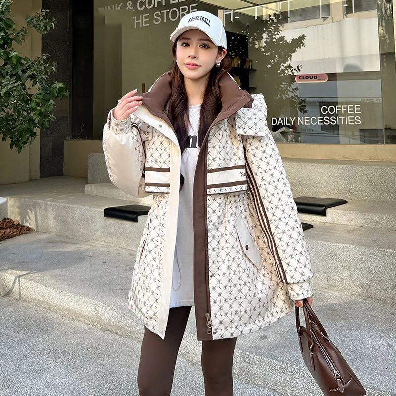 

Winter New Collection Fashionable Thickened Insulation Mid-length Jacket Women Printed Hooded Design Sense Parka Jacket