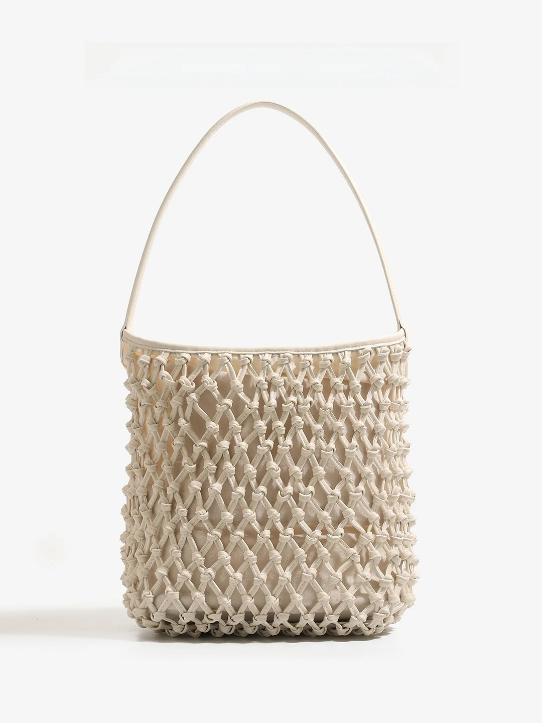 

CharlieKitty Woven Tote Bag British Style Casual Bucket Shape Single Shoulder Handbag Pure Color PU Leather