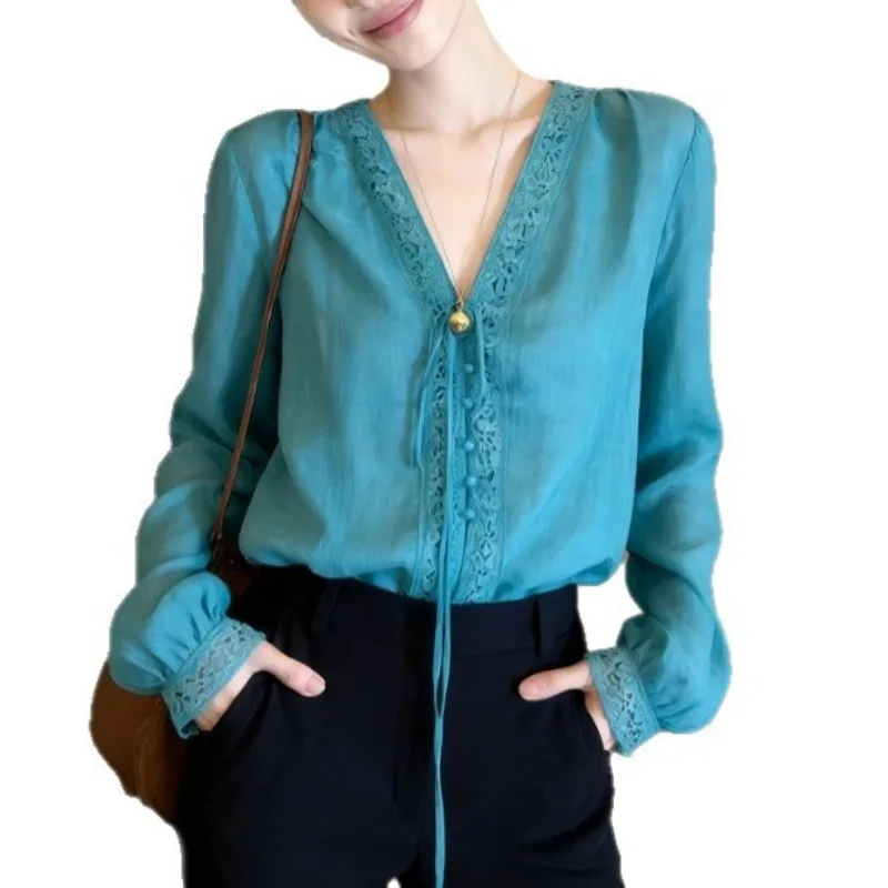 Women Peacock Blue Lace Trim Tie V Neck Long Sleeve Elegant Lightweight Blouse