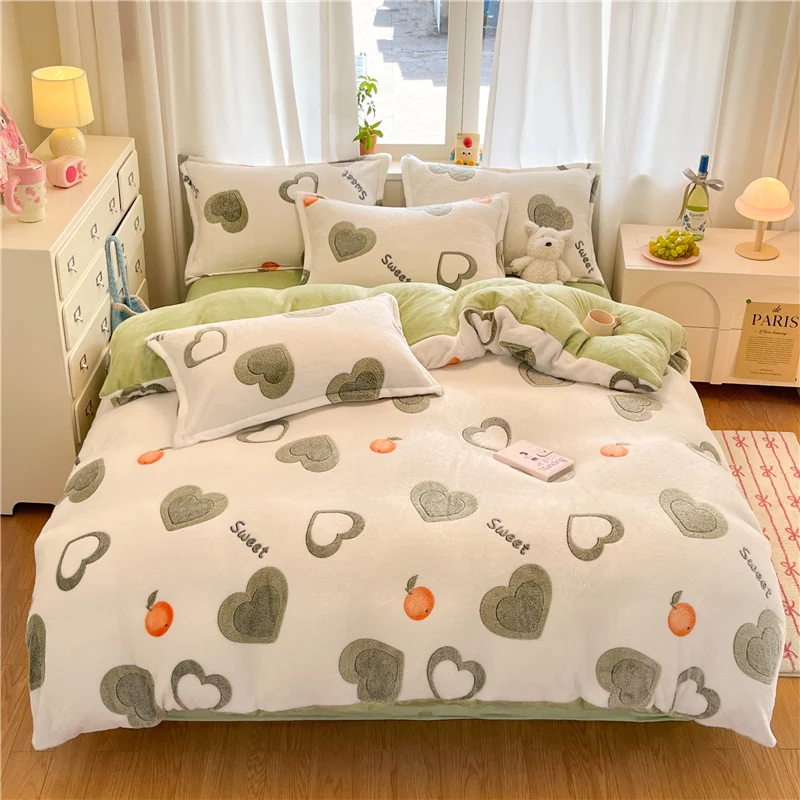 

1PC White Gray Heart Orange "Sweet" Flannel Duvet Cover, Cute Pattern Soft Bedding for Bedroom Decor