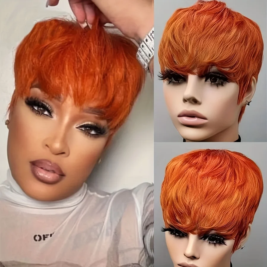 Ginger Color Short Peruvian Hair Wig with Bangs Orange Color full machine made Wig Short Human Hair  Wigs