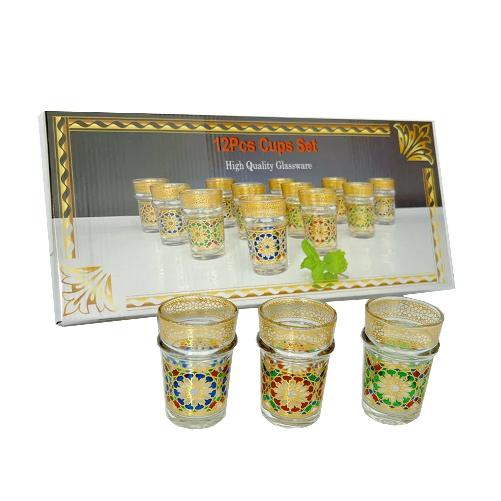Arabic luxury style glass cup, Moroccan glass roasted flower tea cup, Home beer mug, Arabic Restaurant Coffee Cup, 12-piece set