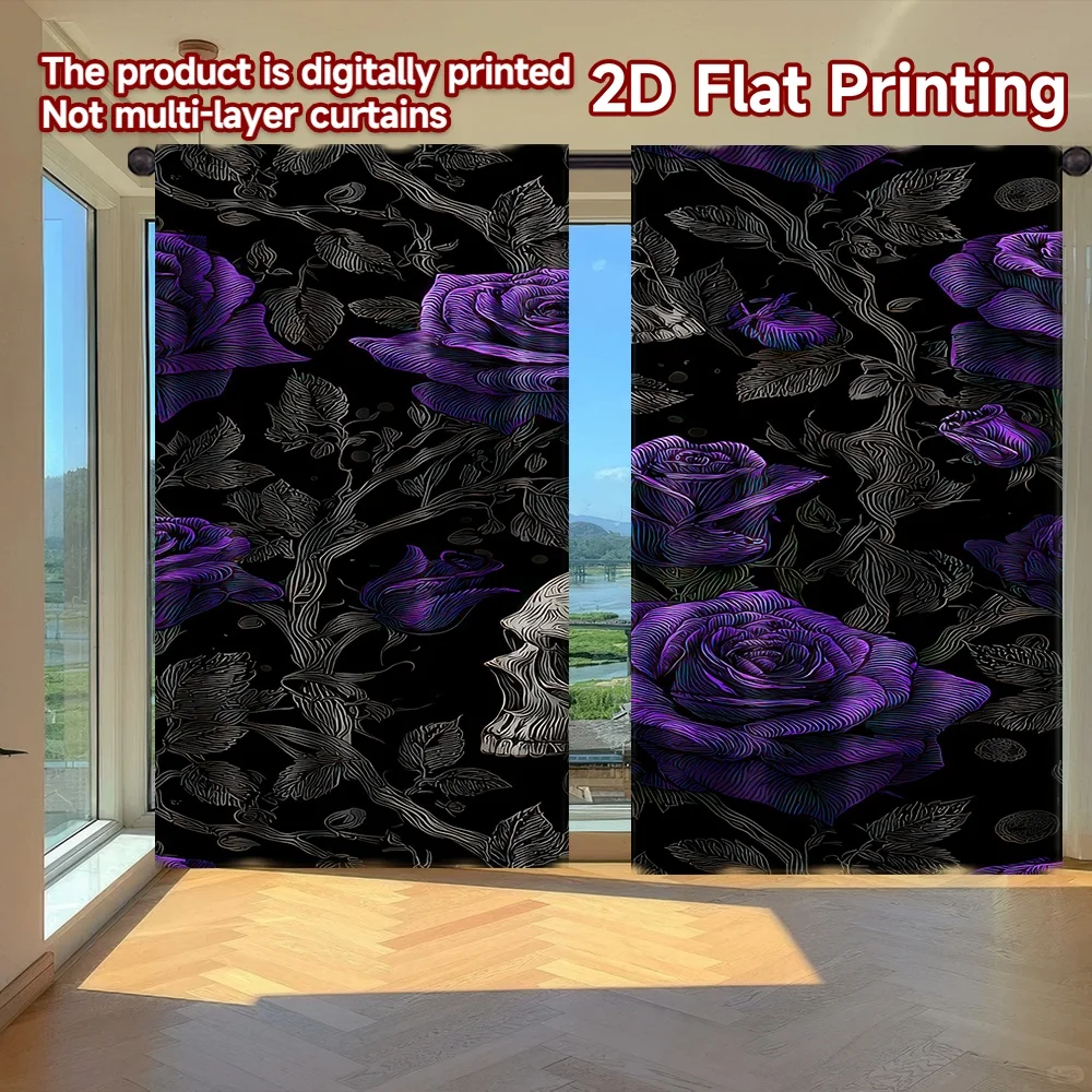 

2D flat printing 2pcs Window Curtains Halloween Skulls and Purple Roses Digital Printed Polyester Drapes Festive Wall Decor Use