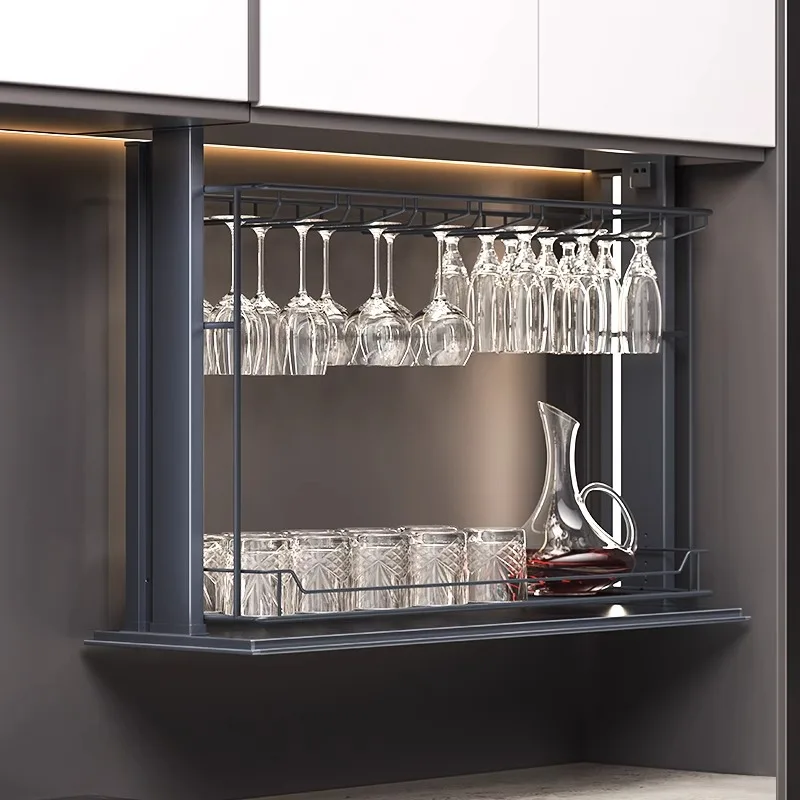 

Electric vertical lift intelligent wine glass basket kitchen cabinet pull-down touch telescopic wine set integrated basket