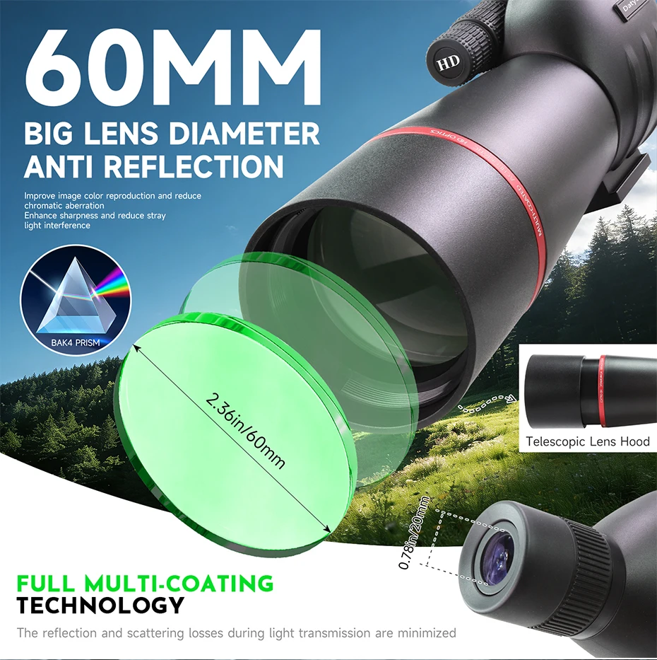 Datyson 15-45x60 Angled Spotting Scope – BAK4-Prisma FMC grünbeschichtetes Monokular-Teleskop für Vogelbeobachtung & Zielschießen – Detail 6