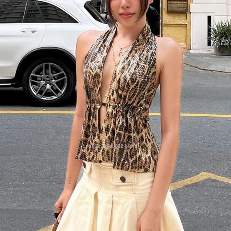 

Leopard Print Backless Vest Women's Summer New Halter Neck Sequin T-Shirt Sexy Hollow Lace Shiny Sleeveless Top Y2k