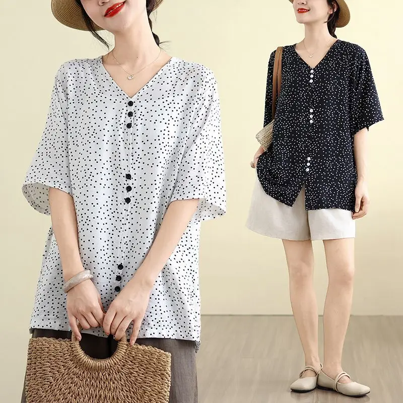 

Large Polka Dot Shirt Summer Loose Versatile New Style Elegant Pullover Fashionable Short sleeved Top
