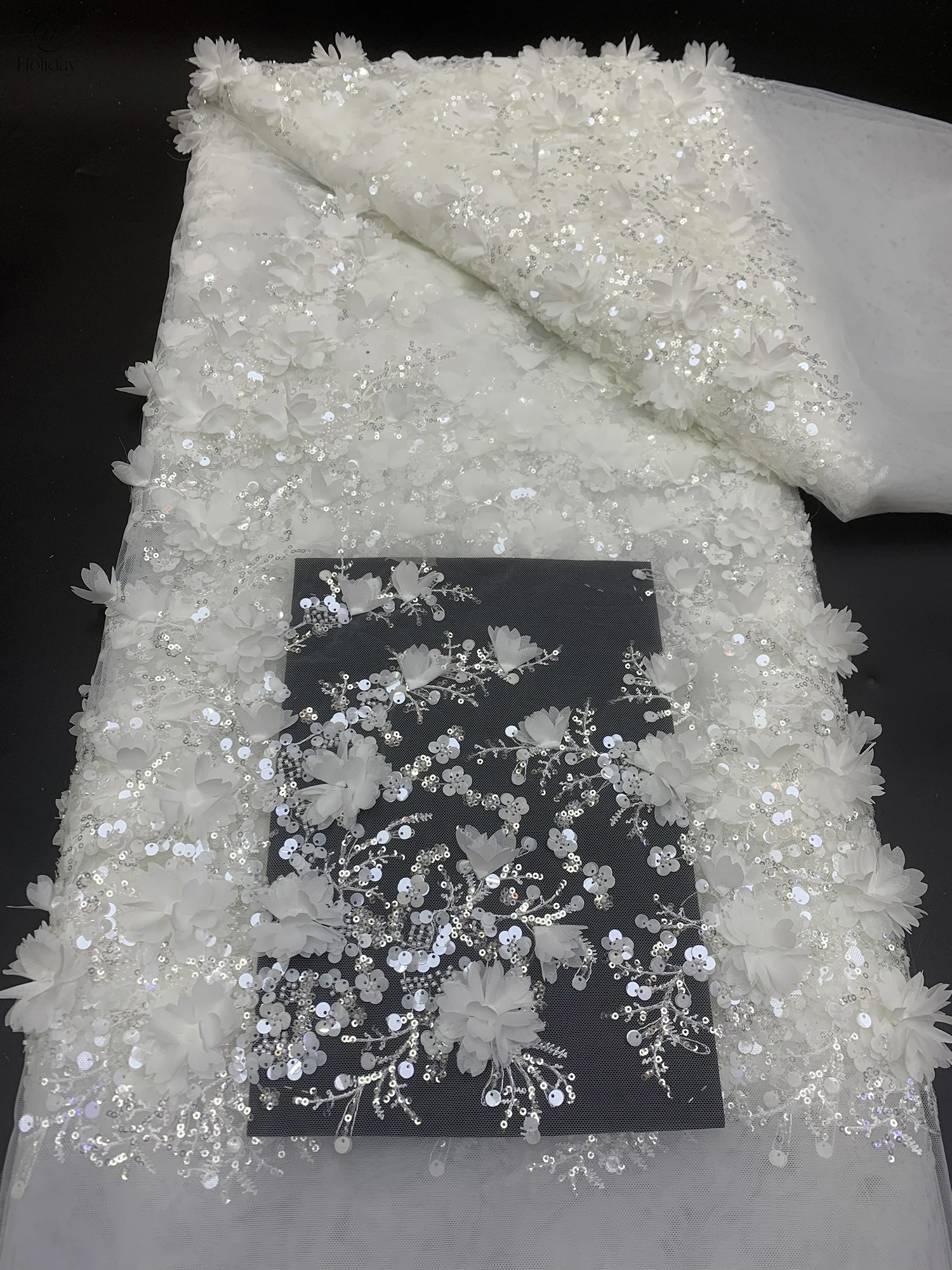3dフラワーレース生地、スパンコール＆ビーズ刺繍入り、豪華なチュールブライダルレース、ウェディングドレス-イブニングドレス用（複数色）