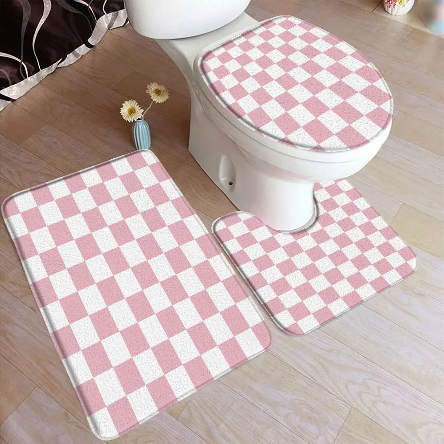 Pink White Plaid Bath Mat Set Modern Nordic Style Geometric Art Home Doormat Carpet Bathroom Decor Floor Rugs Toilet Lid Cover