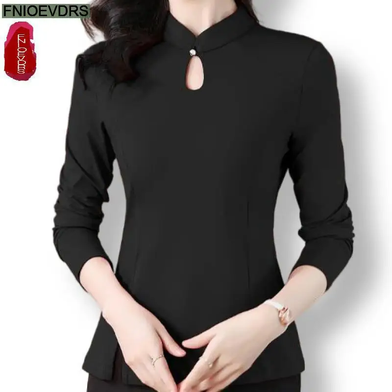 M-4XL 2024 Spring Autumn Stand Collar Tops Women Basic Wear Office Lady Long Sleeve Retro Vintage Elegant Button Shirts Blouses