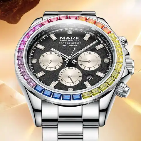 럭셔리 남성용 기계식 손목 시계 스테인레스 스틸 방수 월 주 표시 컬러 다이아몬드 디자인 남성용 기계식 시계