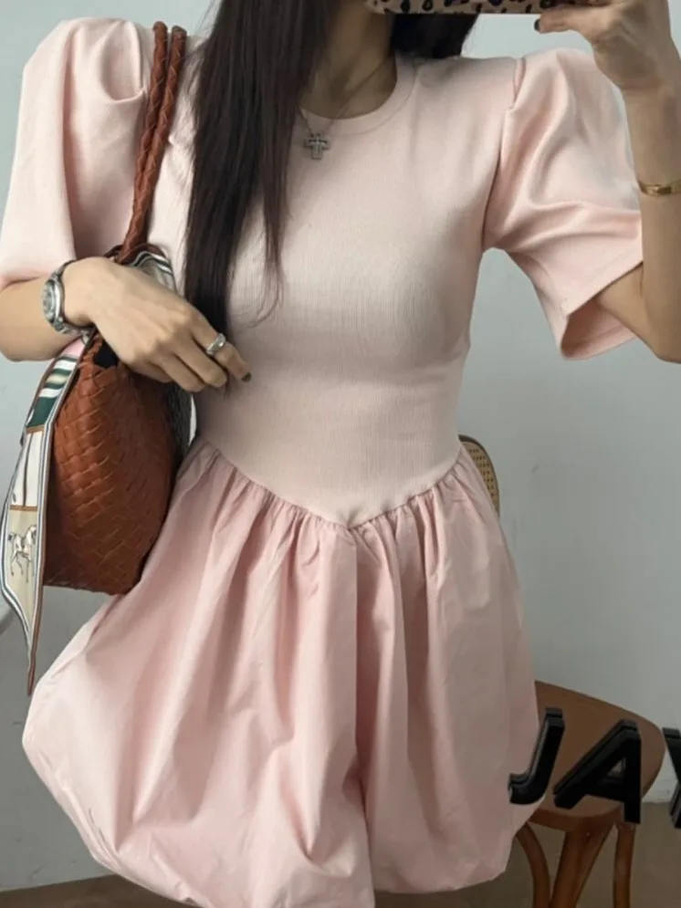 

Ele Pleated Flower Bud Dr Women's Summer New Sle Bubble Sve ort Skirt Faionable Splicing Gown Fem Attire