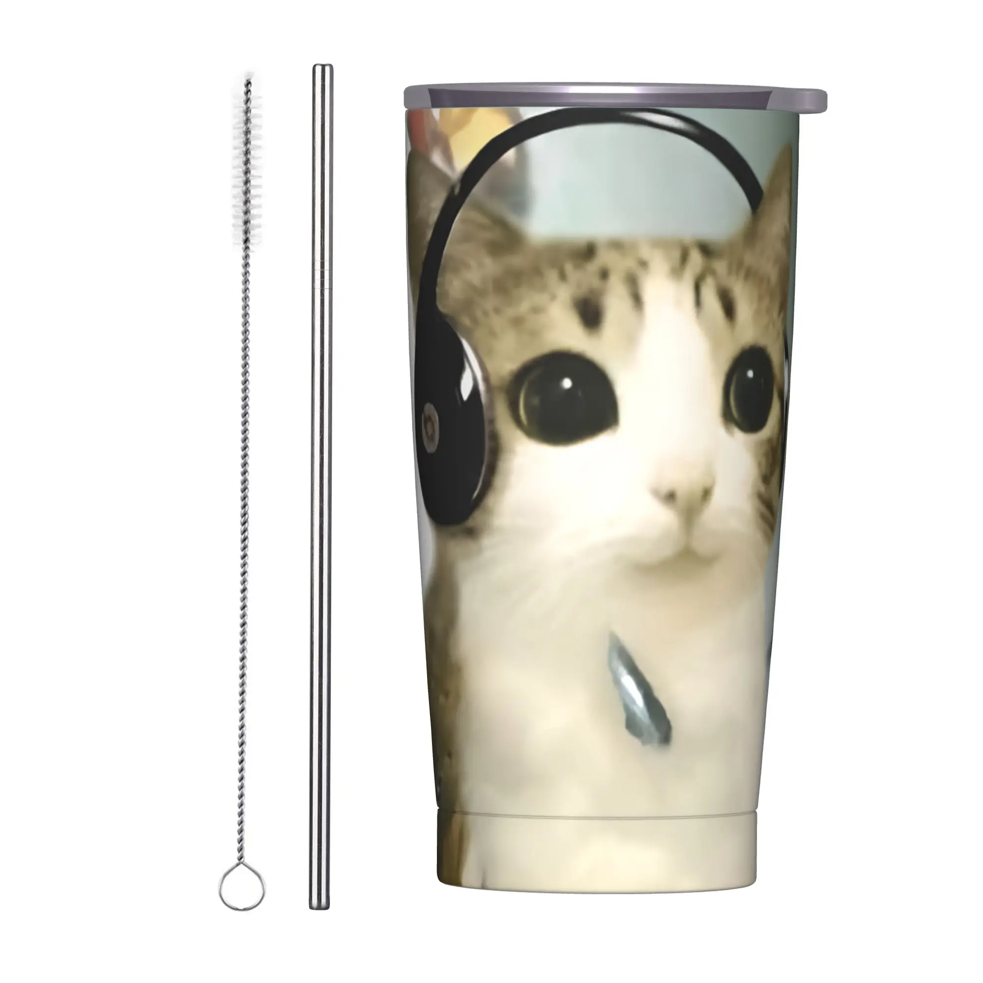 Meowl Meme Insulated Tumbler with Straws Lid Cat Owl Brainrot 90s Vacuum Thermal Mug Outdoor Portable  Bottle Cups, 20oz