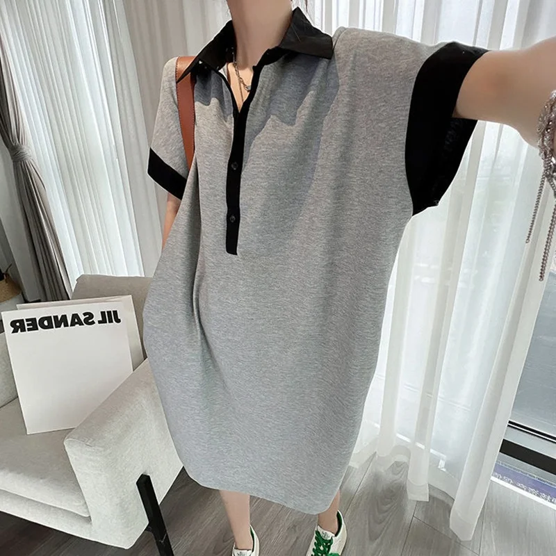 plus Size  Neck Summer New Style Color Block Mid-Length Casual Dress Women's Fashion Korean Style Polyester Fiber Dress