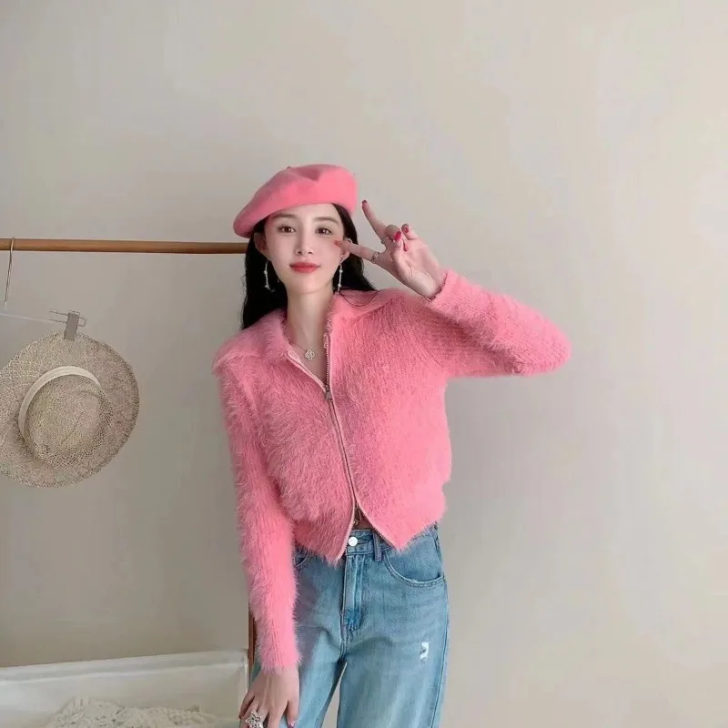 Suéteres de punto para mujer coqueta rosa, Top con mangas largas, tendencia 2025, Y2k, moda de otoño, cárdigans cortos coreanos para mujer