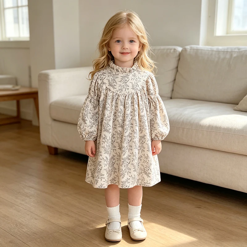 Frühling Herbst Kleinkind Mädchenkleid Vintage Blumendruck Rüschenkragen Lange Puffärmel Baumwolle Kinder Casual Prinzessinnenkleid