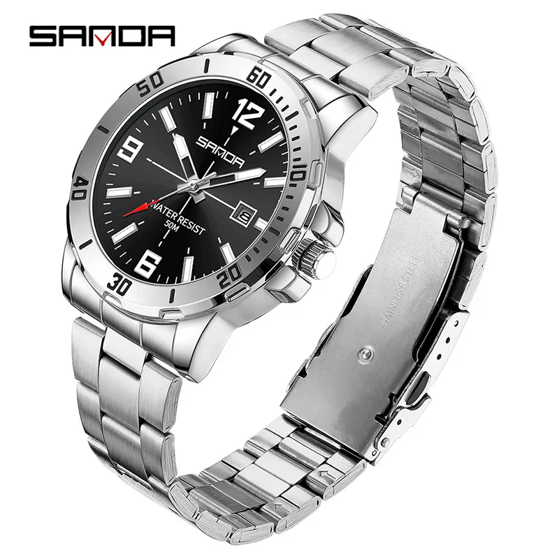 SANDA 3265 Reloj de cuarzo para hombre Reloj de pulsera con calendario y banda impermeable con luz nocturna y esfera grande simple y moderno