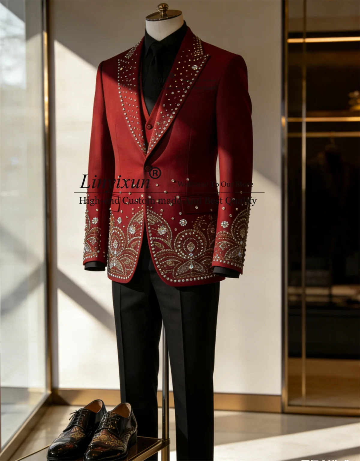 

Handmade Rhinestone Diamond Men Suit 3 Piece Sets Groom Tuxedos Customized Male Prom Blazers Wedding Slim Fit trajes para hombre