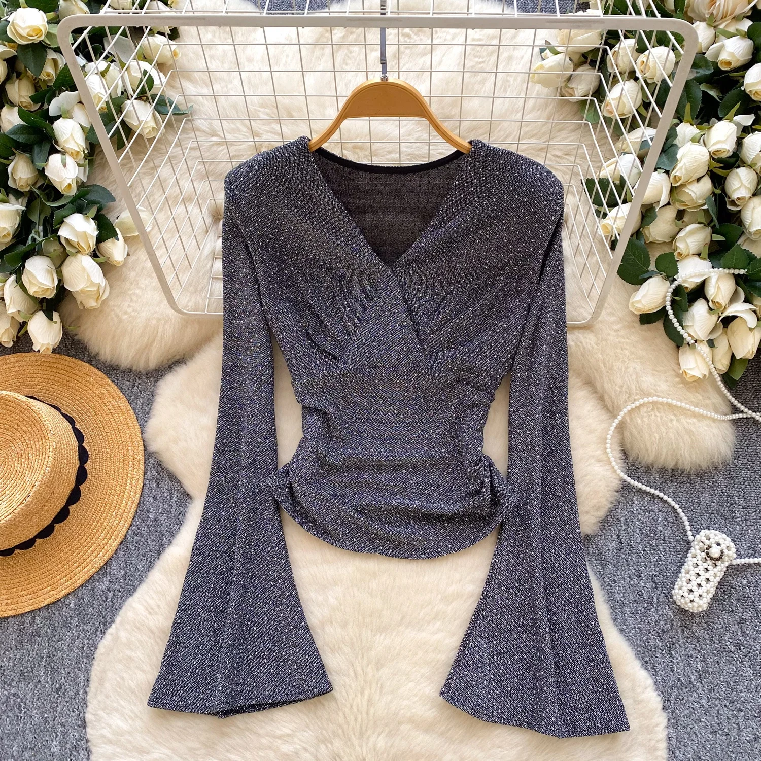 

Clothland Women Elegant Dot Print Blouse Flare Sleeve V Neck Stretchy Shirt Female Chic Slim Crop Top Blusa LB394