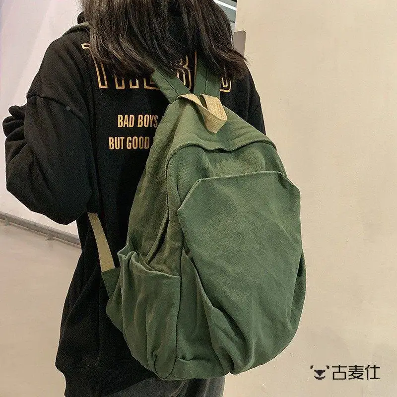 

Casual Vintage Canvas Backpack Unisex High School Simple Matched Laptop Bag Stainless Steel Zipper Medium Capacity Shoulder Bag