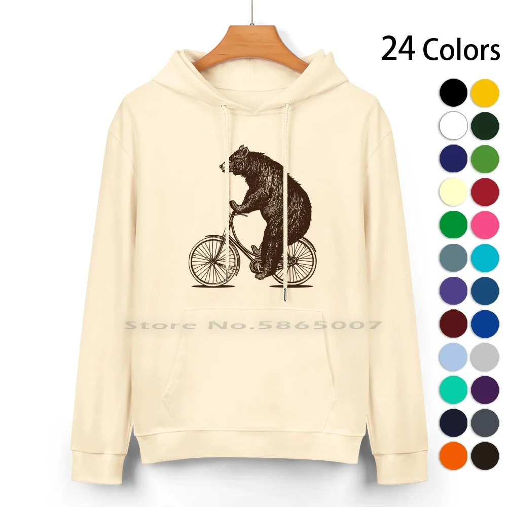 Bear On Bike Pure Cotton Hoodie Sweater 24 Colors Bicycle Bicycling I Love Biking Biker Grizzly Bear Bear On Bike Vintage Bear