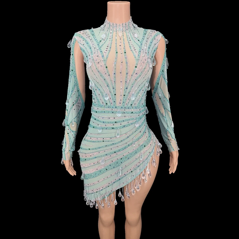 Sexy Mesh See Through Short Rhinestones Dress Long Sleeve Women Party Homecoming Birthday Dress Show Performance Stage Wear