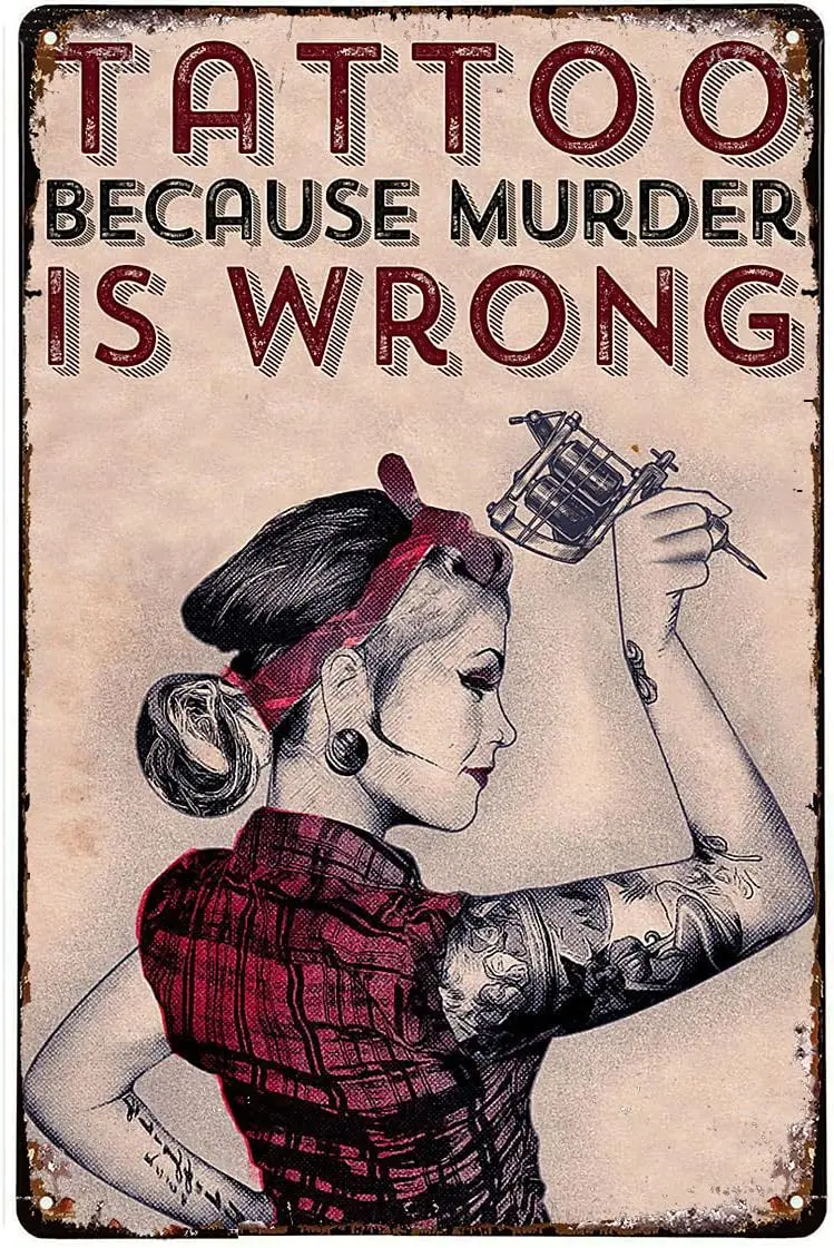 Metal Plate Tin Sign Power Girl Tattoo Because Murder is Wrong Cafe bar Home Wall Art Decoration Poster Retro 8x12 Inches