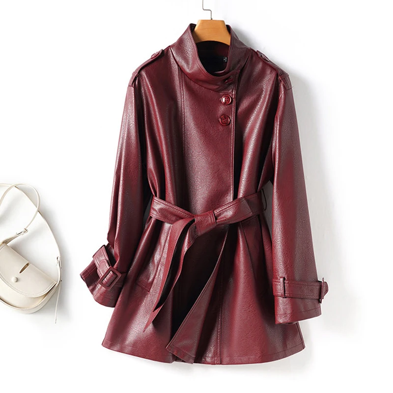 Cappotti Corti Casual in Pelle di Pecora per Donne, Primavera-Autunno 2026, Eleganti Giacche Femminili con Colletto Alto e Cintura in Pelle di Pecora