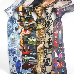 Brand New Creative Character Printed Neckties Mens Vintage Cat Wine Bottle Oil Painting Neck Ties Casual Soft Daily Cravat Gift