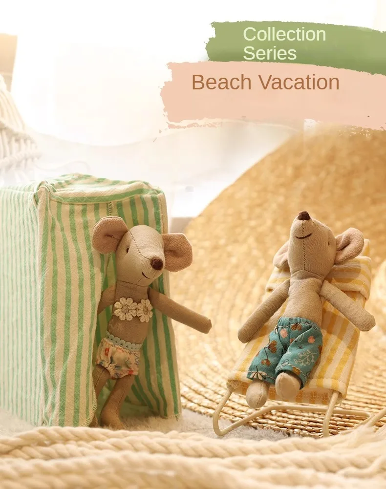 Beach Mice Plushie with Tent Chair Handmade Cute Little Mouse Stuffed Cloth Toys Dollhouse Mini Doll Soft Doll