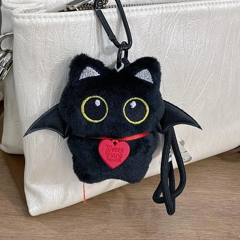 Schattige zwarte kat pluche sleutelhanger met vleugels; Schattige tas charme; Rugzakdecoratie; Uniek Kawaii cadeau voor koppels.