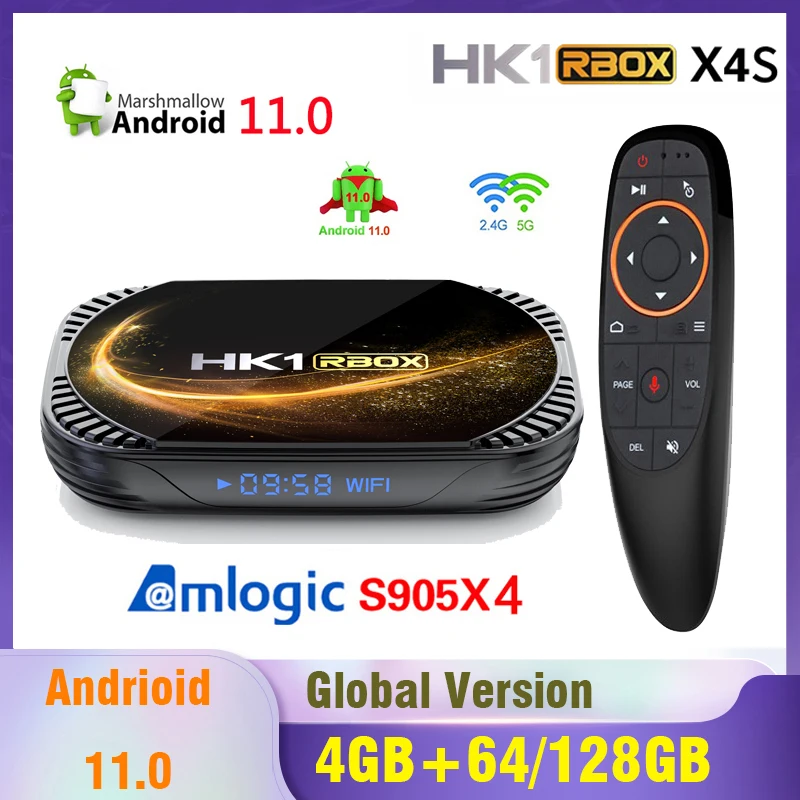 جديد HK1 RBOX X4S صندوق التلفزيون الذكي أندرويد 11 Amlogic S905X4 4G 32G 64G 128G 4K 8K BT 2.4G & 5.8G المزدوج واي فاي مشغل الوسائط مجموعة صندوق علوي