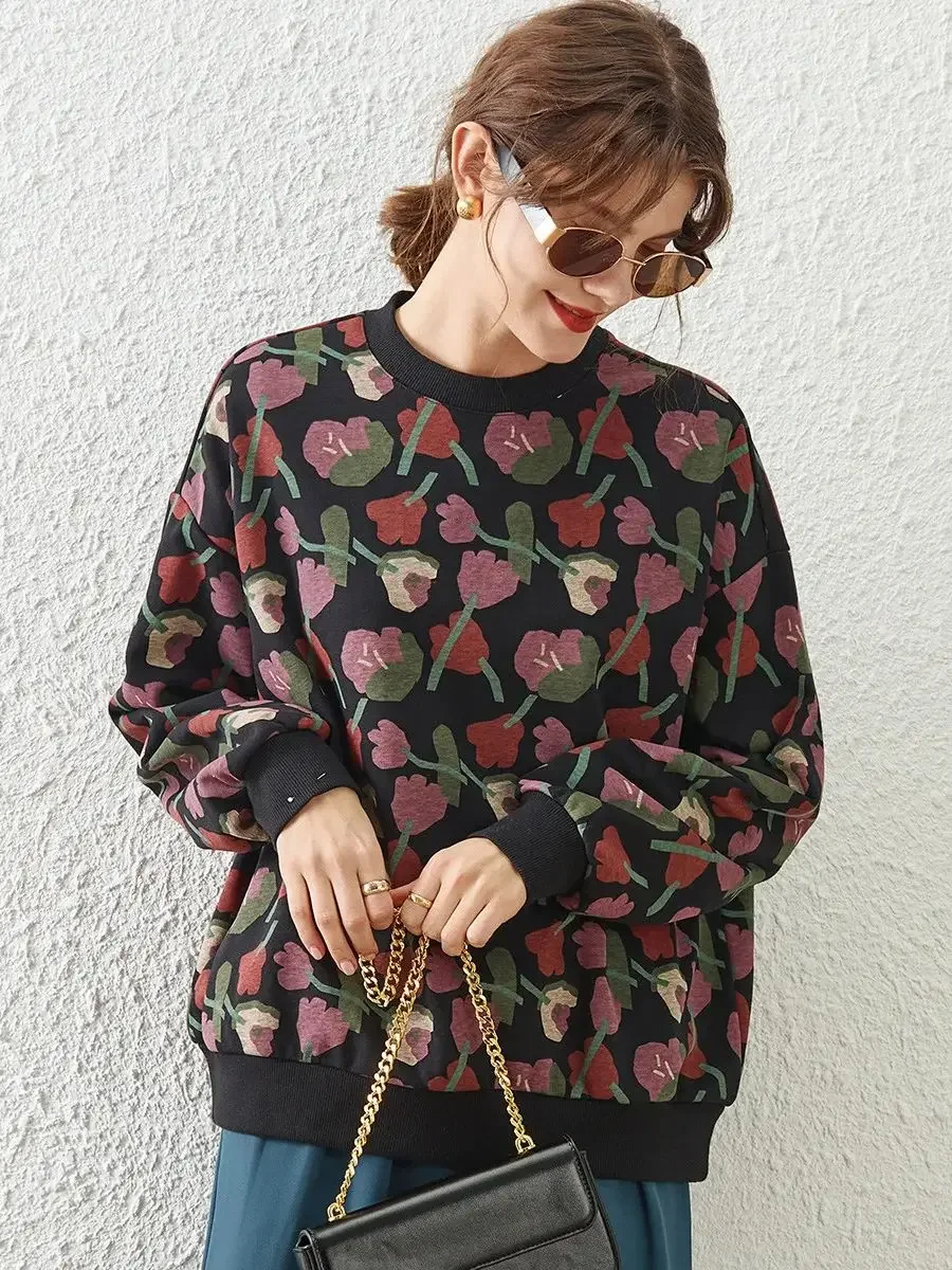 LOUIS YAO Women Sweatshirt 2024 Spring New Round Neck Long Sleeve Pullover Retro Print Flower Loose Fit Casual Tops