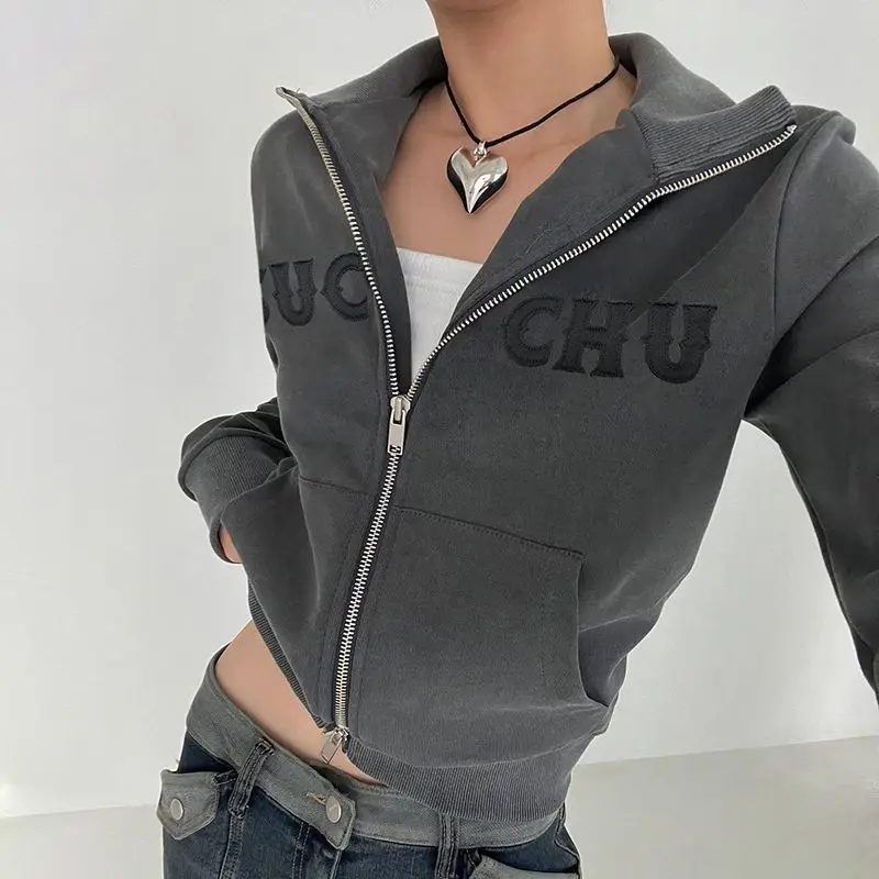 

Stand Collar Jacket High Quality Letter Printed Zipper American Retro Women'S Slim Fit Versatile Casual Sweatshirt