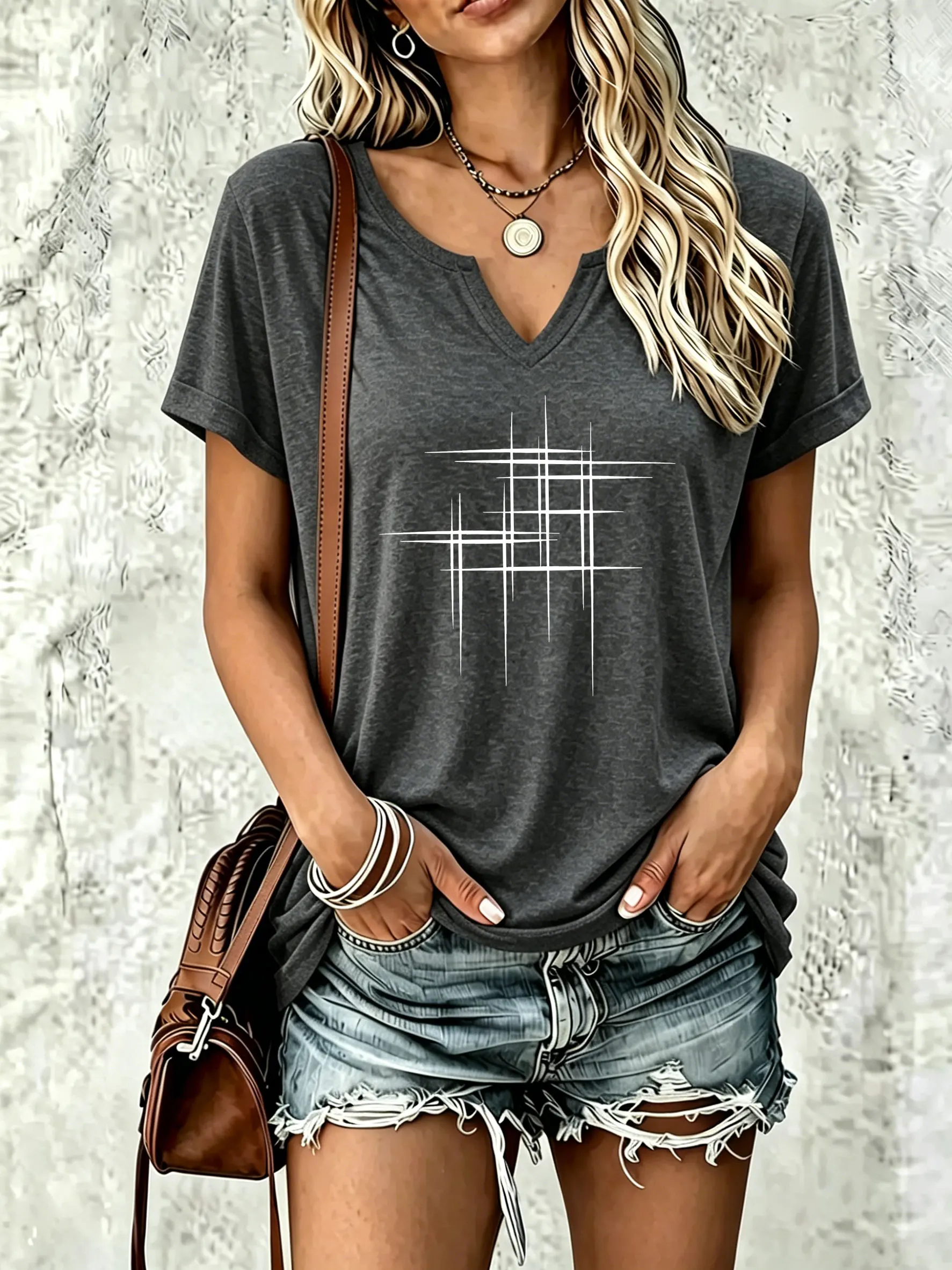 Women Summer V Neck Short Sleeve T Shirt, Minimalist Abstract Cross Line Geometric Graphic Print, Casual Daily Tee for Ladies