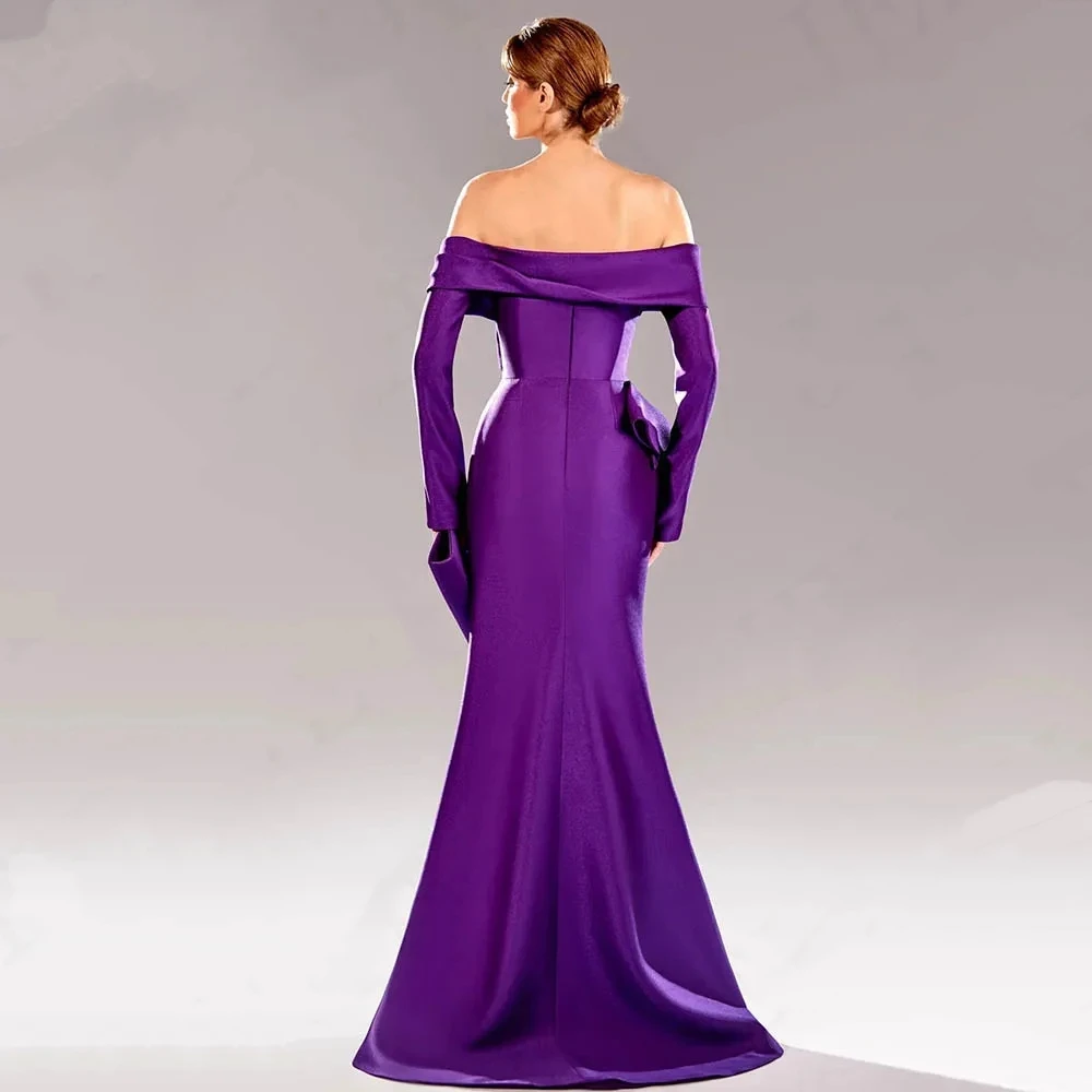 Purple Satin Off Shoulder Evening Dresses Purple Mermaid Long Sleeves Split Party Special Event Dresses vestidos de noche